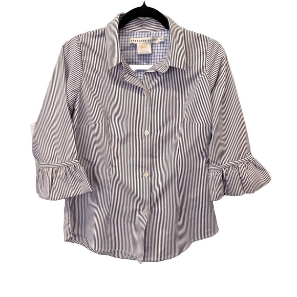 Gretchen Scott Priss Button Up Shirt Top Blue & White Striped Preppy Classy Sz S - Picture 1 of 10